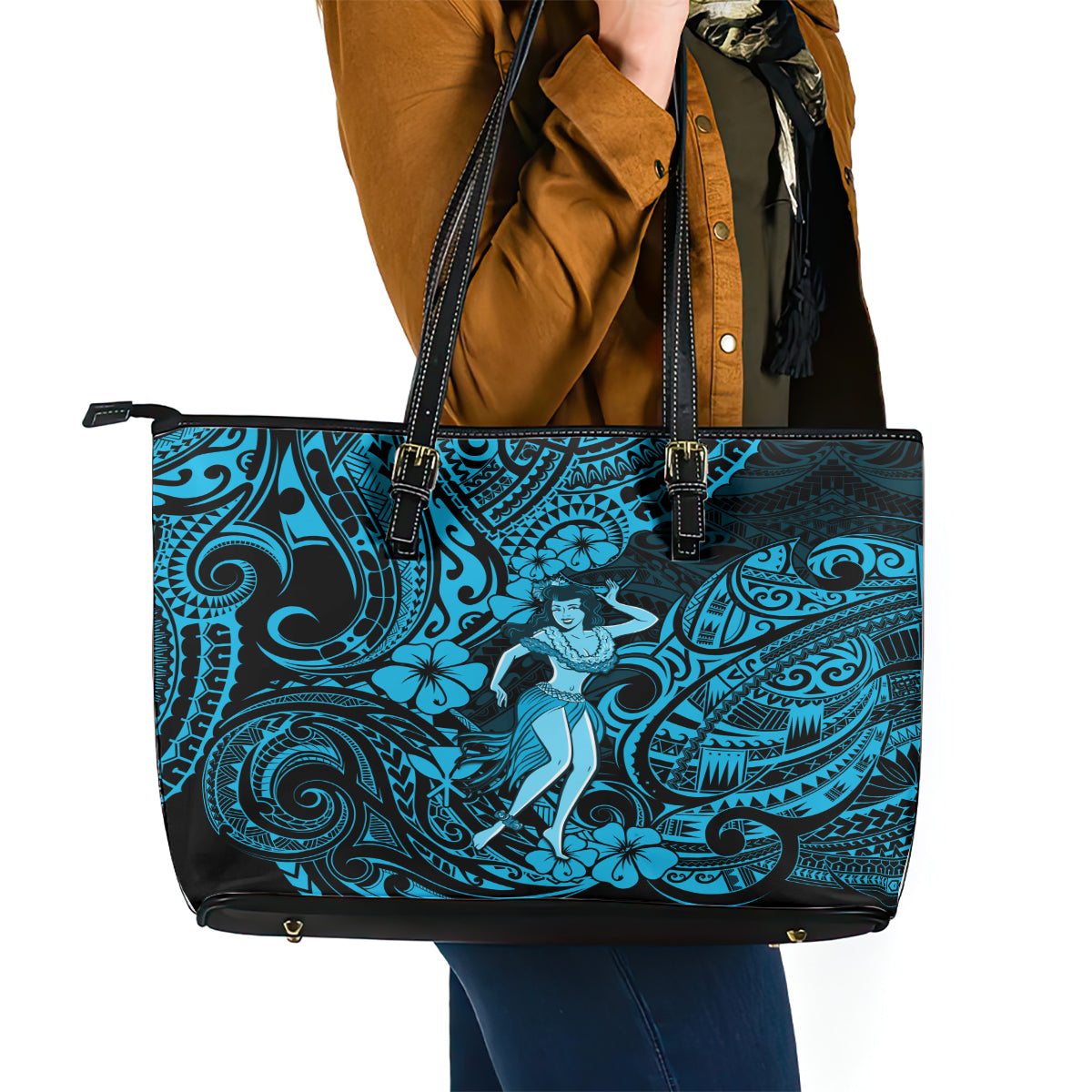 Hawaii Hula Girl Leather Tote Bag Hibiscus Hawaii Tribal Tattoo Sky Blue Version - Wonder Print Shop