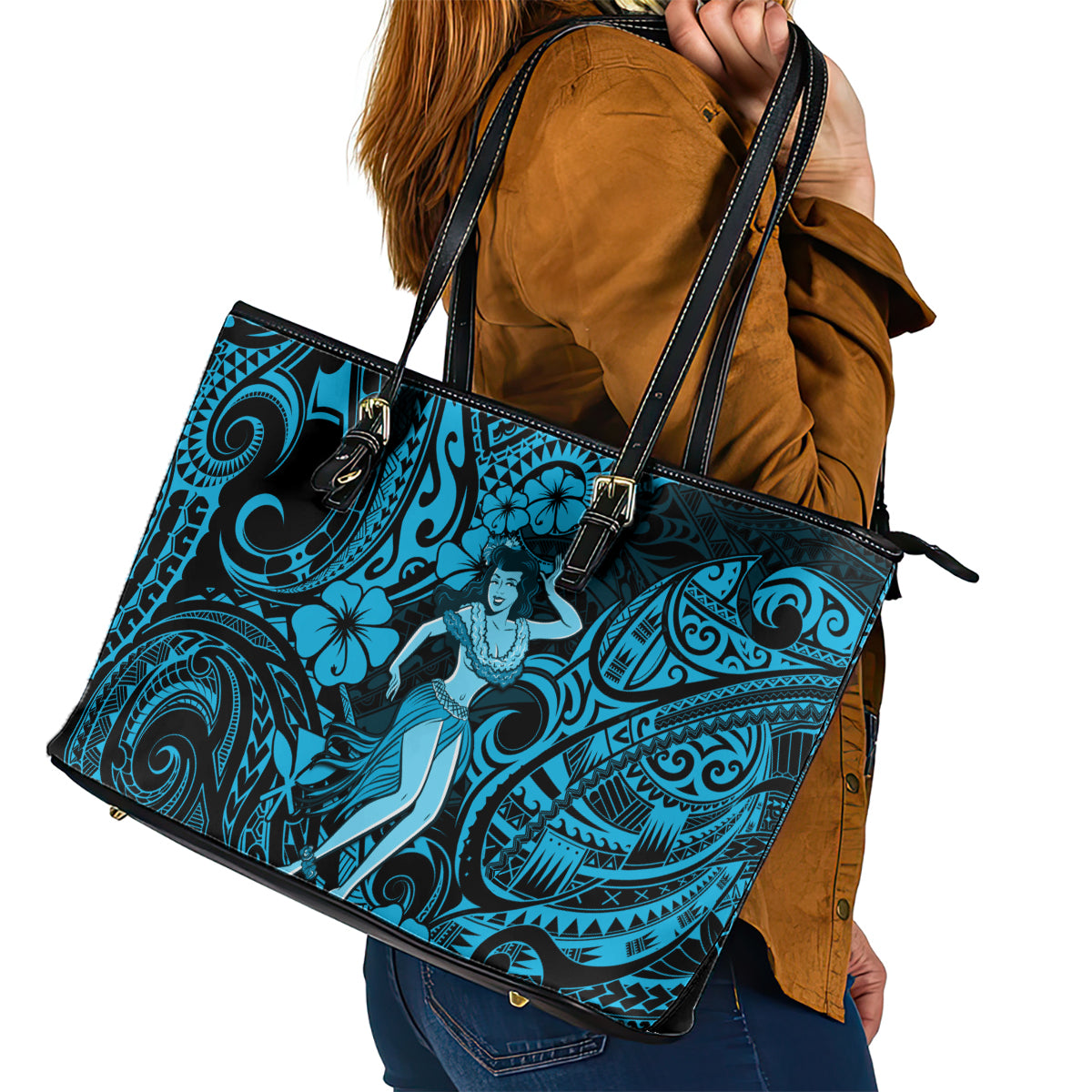 Hawaii Hula Girl Leather Tote Bag Hibiscus Hawaii Tribal Tattoo Sky Blue Version - Wonder Print Shop