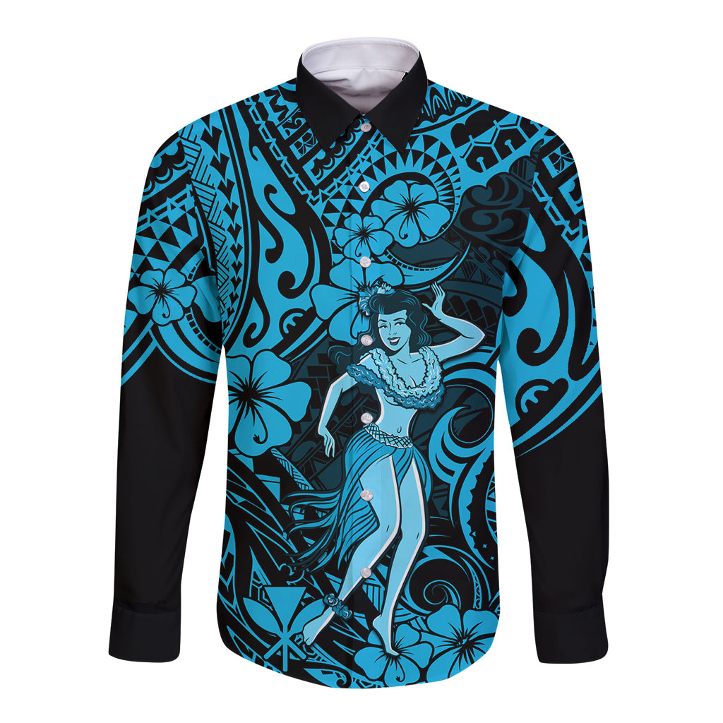 Hawaii Hula Girl Long Sleeve Button Shirt Hibiscus Hawaii Tribal Tattoo Sky Blue Version - Wonder Print Shop