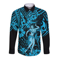 Hawaii Hula Girl Long Sleeve Button Shirt Hibiscus Hawaii Tribal Tattoo Sky Blue Version - Wonder Print Shop