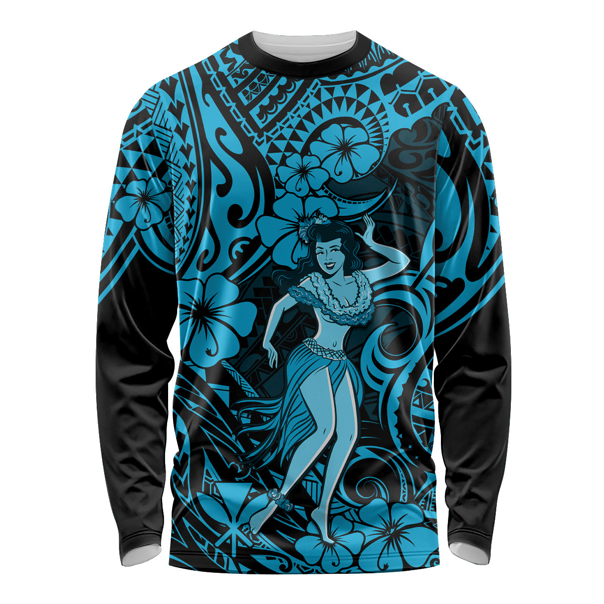 Hawaii Hula Girl Long Sleeve Shirt Hibiscus Hawaii Tribal Tattoo Sky Blue Version - Wonder Print Shop
