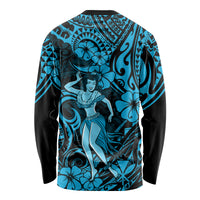 Hawaii Hula Girl Long Sleeve Shirt Hibiscus Hawaii Tribal Tattoo Sky Blue Version - Wonder Print Shop