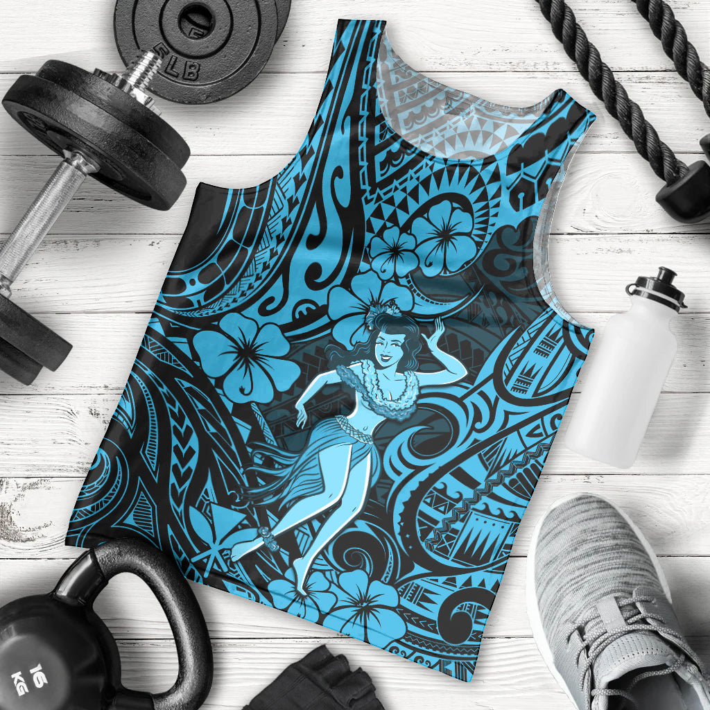 Hawaii Hula Girl Men Tank Top Hibiscus Hawaii Tribal Tattoo Sky Blue Version - Wonder Print Shop
