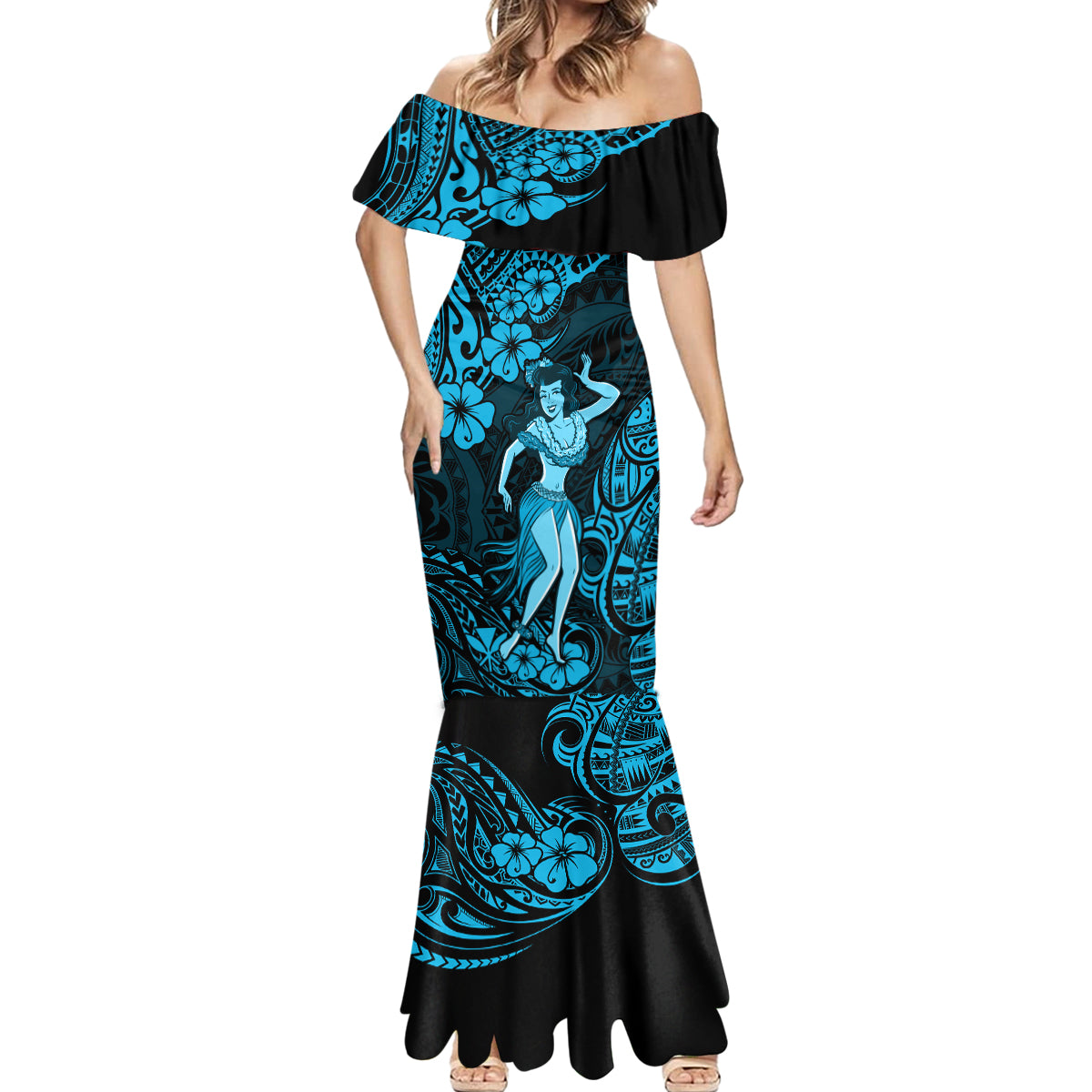 Hawaii Hula Girl Mermaid Dress Hibiscus Hawaii Tribal Tattoo Sky Blue Version - Wonder Print Shop