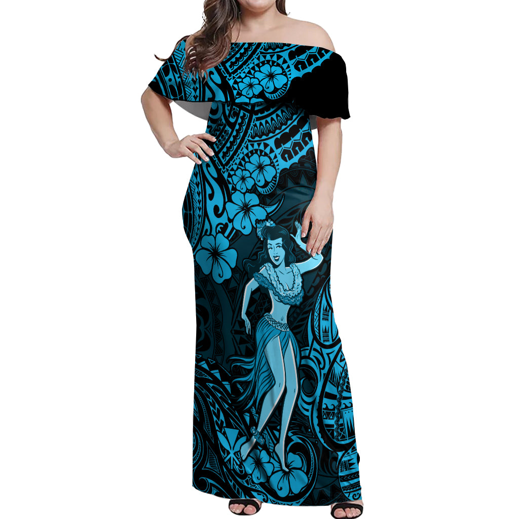 Hawaii Hula Girl Off Shoulder Maxi Dress Hibiscus Hawaii Tribal Tattoo Sky Blue Version - Wonder Print Shop
