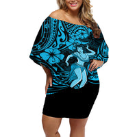 Hawaii Hula Girl Off Shoulder Short Dress Hibiscus Hawaii Tribal Tattoo Sky Blue Version - Wonder Print Shop