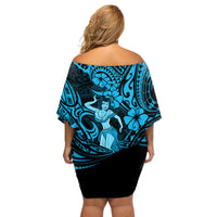 Hawaii Hula Girl Off Shoulder Short Dress Hibiscus Hawaii Tribal Tattoo Sky Blue Version - Wonder Print Shop