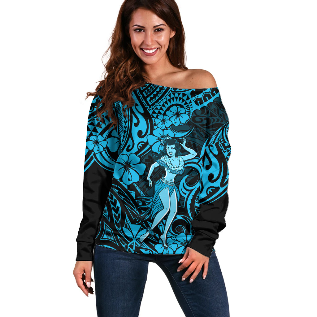 Hawaii Hula Girl Off Shoulder Sweater Hibiscus Hawaii Tribal Tattoo Sky Blue Version - Wonder Print Shop