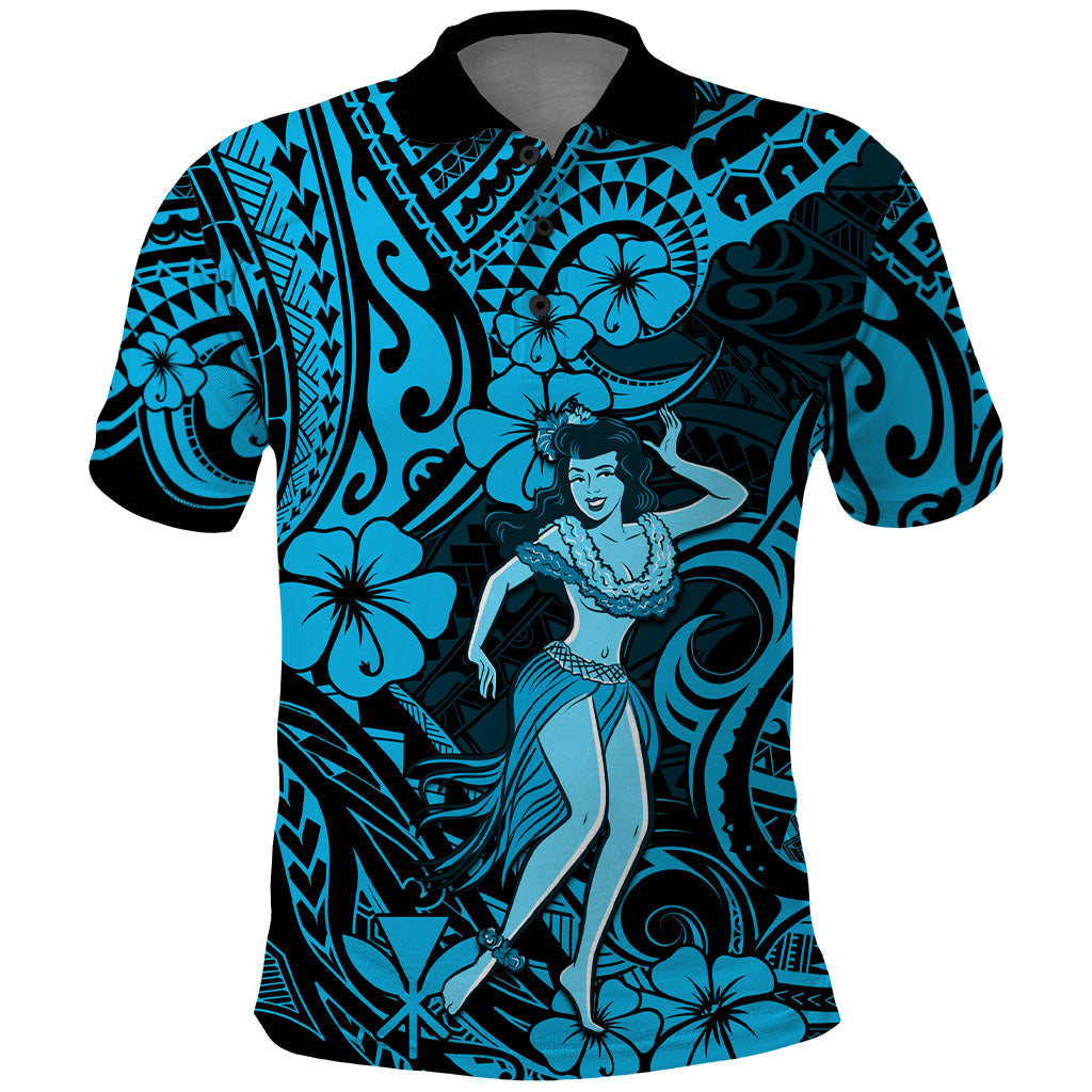 Hawaii Hula Girl Polo Shirt Hibiscus Hawaii Tribal Tattoo Sky Blue Version - Wonder Print Shop
