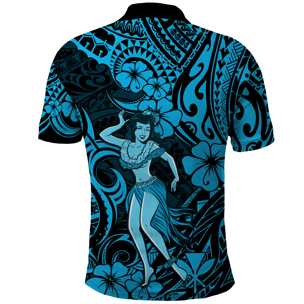 Hawaii Hula Girl Polo Shirt Hibiscus Hawaii Tribal Tattoo Sky Blue Version - Wonder Print Shop