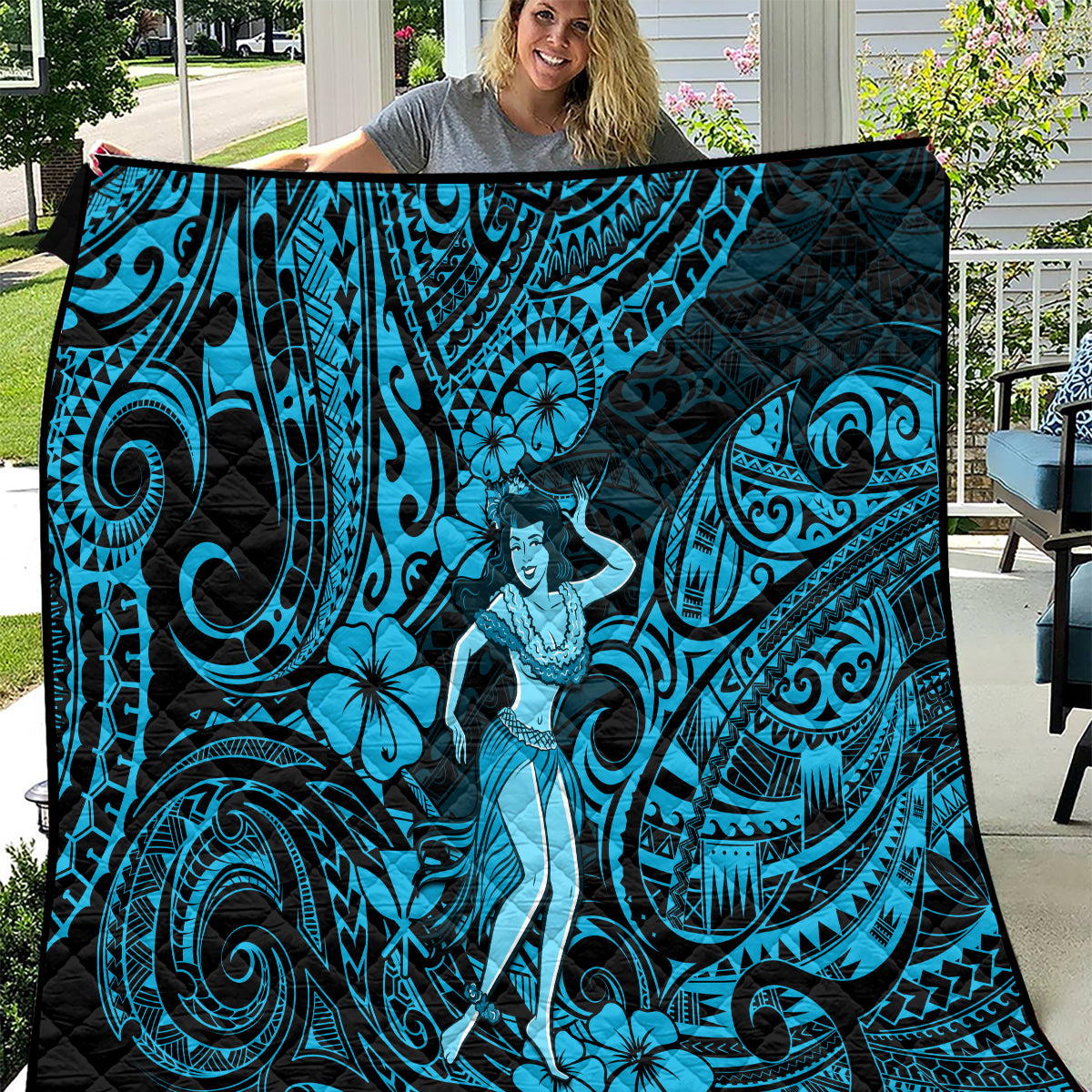 Hawaii Hula Girl Quilt Hibiscus Hawaii Tribal Tattoo Sky Blue Version - Wonder Print Shop