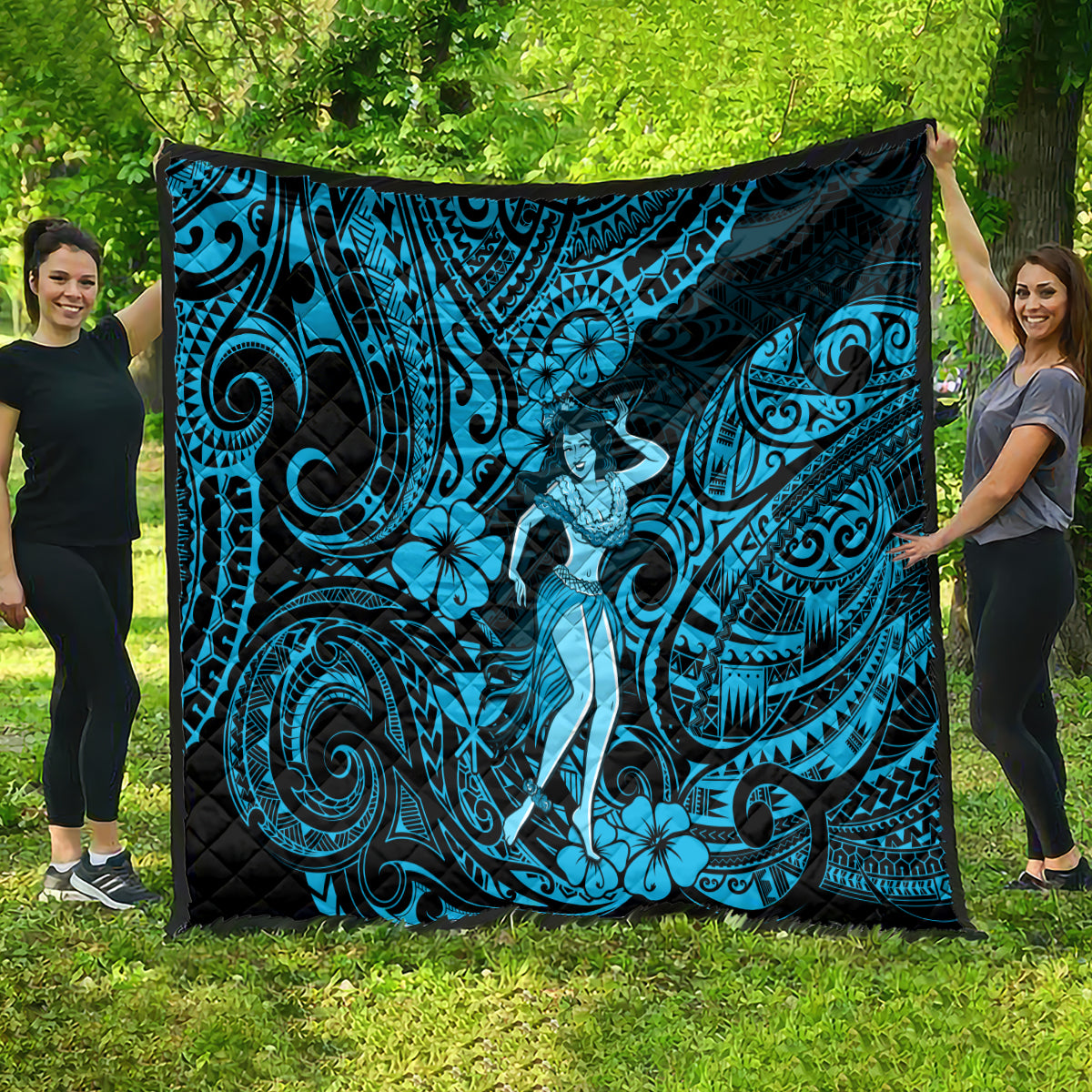Hawaii Hula Girl Quilt Hibiscus Hawaii Tribal Tattoo Sky Blue Version - Wonder Print Shop