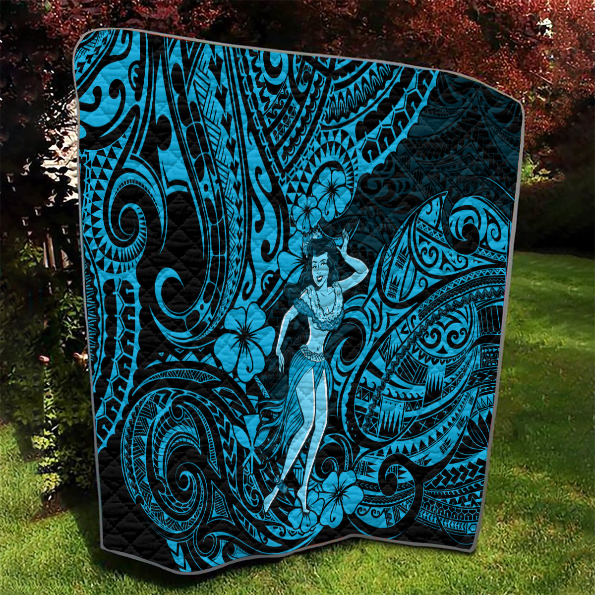 Hawaii Hula Girl Quilt Hibiscus Hawaii Tribal Tattoo Sky Blue Version - Wonder Print Shop