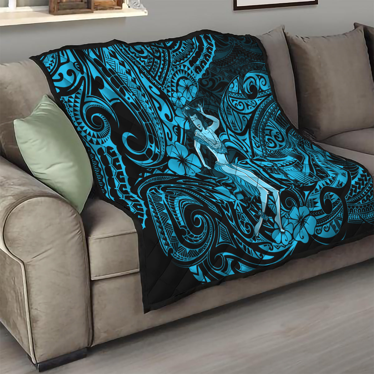 Hawaii Hula Girl Quilt Hibiscus Hawaii Tribal Tattoo Sky Blue Version - Wonder Print Shop