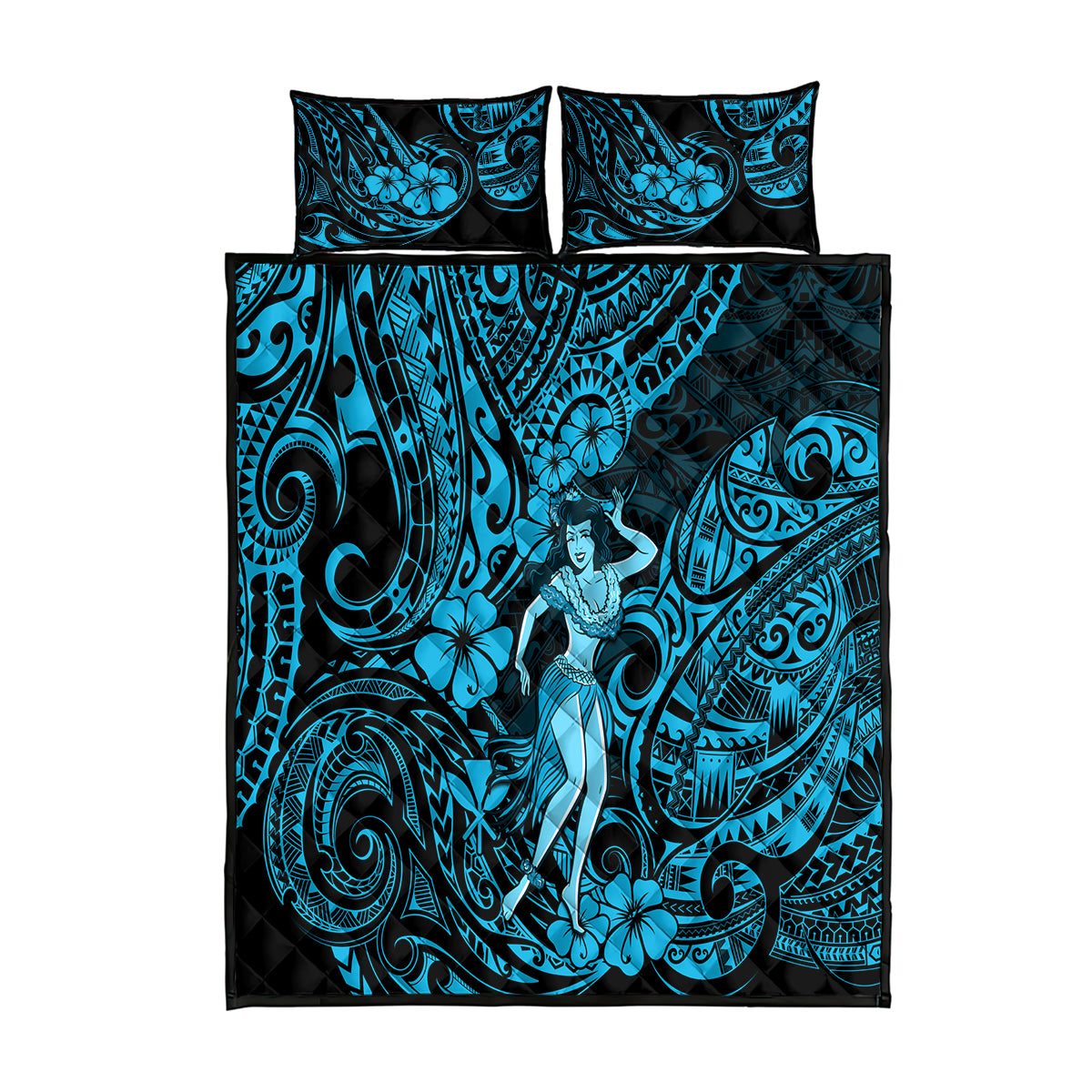 Hawaii Hula Girl Quilt Bed Set Hibiscus Hawaii Tribal Tattoo Sky Blue Version - Wonder Print Shop