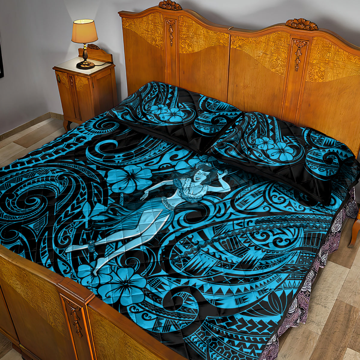 Hawaii Hula Girl Quilt Bed Set Hibiscus Hawaii Tribal Tattoo Sky Blue Version - Wonder Print Shop