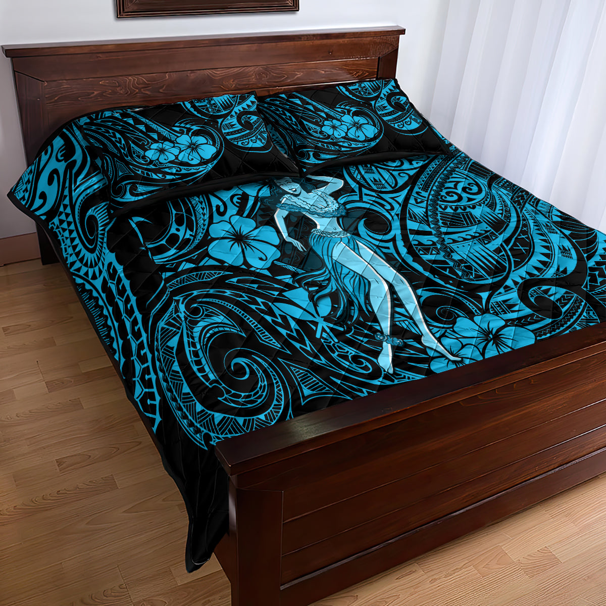 Hawaii Hula Girl Quilt Bed Set Hibiscus Hawaii Tribal Tattoo Sky Blue Version - Wonder Print Shop