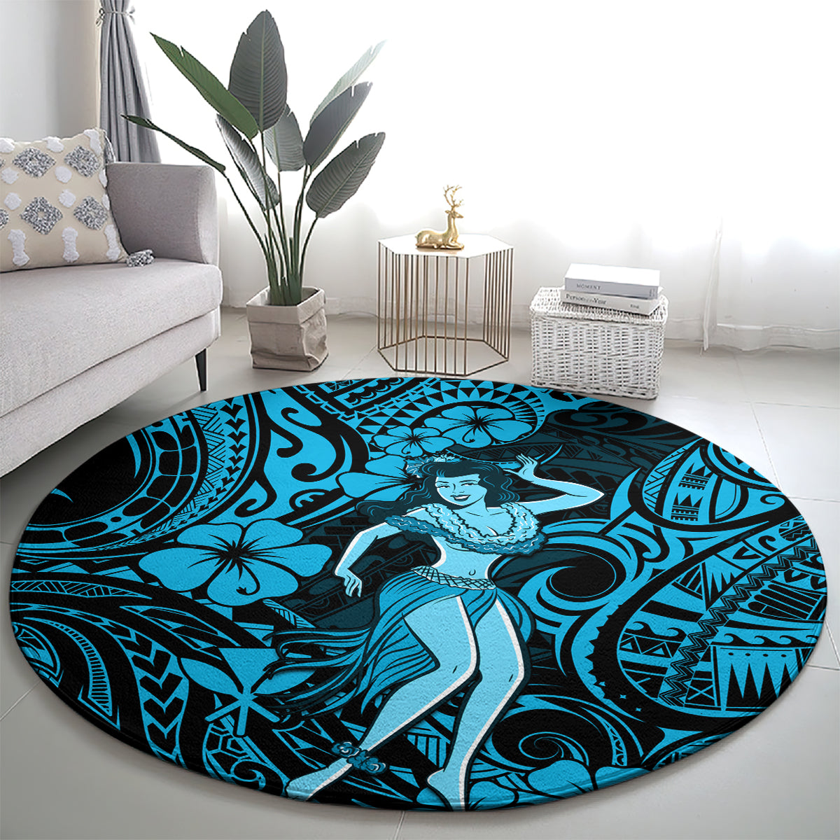 hawaii-hula-girl-round-carpet-hibiscus-hawaii-tribal-tattoo-sky-blue-version