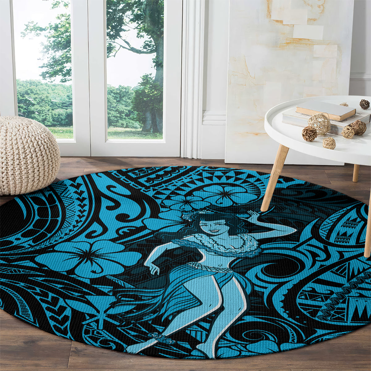 hawaii-hula-girl-round-carpet-hibiscus-hawaii-tribal-tattoo-sky-blue-version