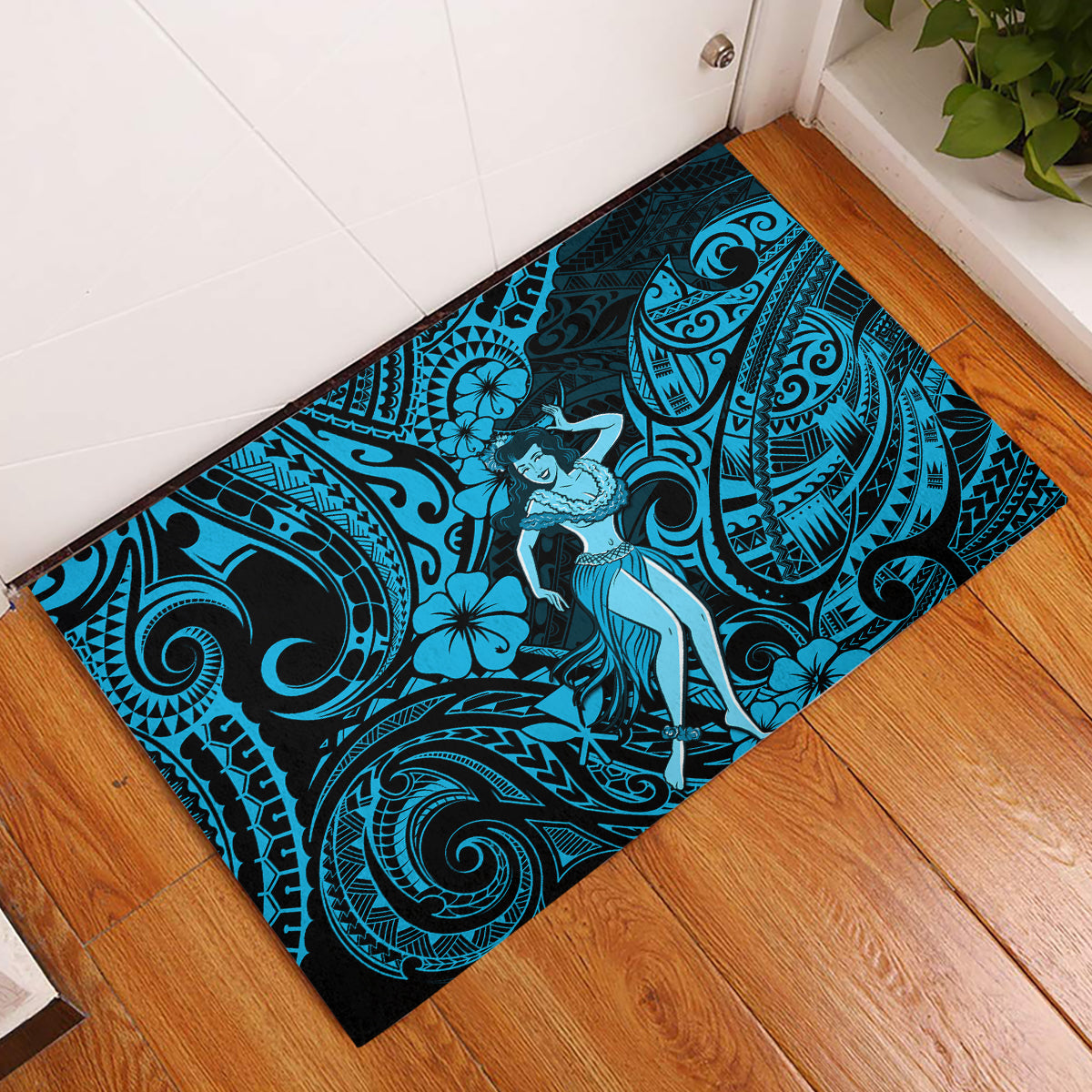 Hawaii Hula Girl Rubber Doormat Hibiscus Hawaii Tribal Tattoo Sky Blue Version - Wonder Print Shop