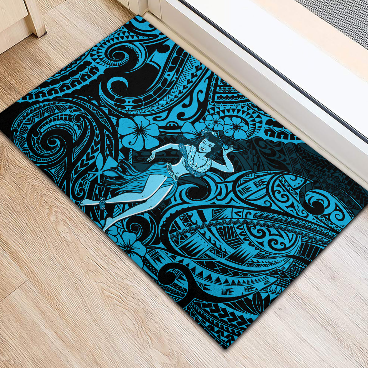 Hawaii Hula Girl Rubber Doormat Hibiscus Hawaii Tribal Tattoo Sky Blue Version - Wonder Print Shop