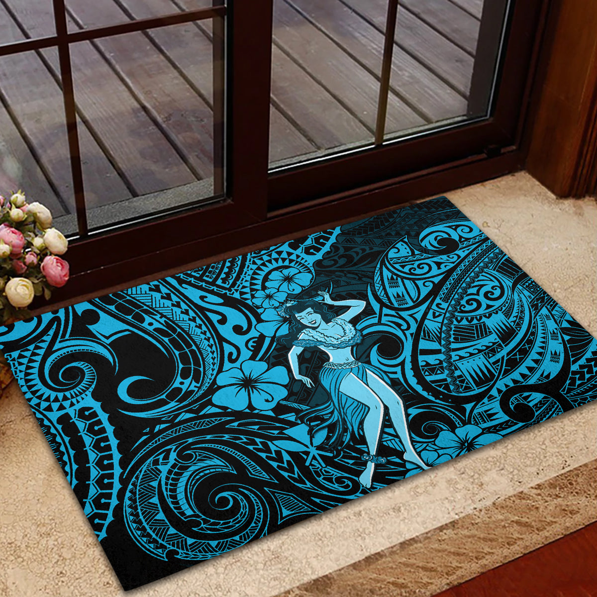 Hawaii Hula Girl Rubber Doormat Hibiscus Hawaii Tribal Tattoo Sky Blue Version - Wonder Print Shop