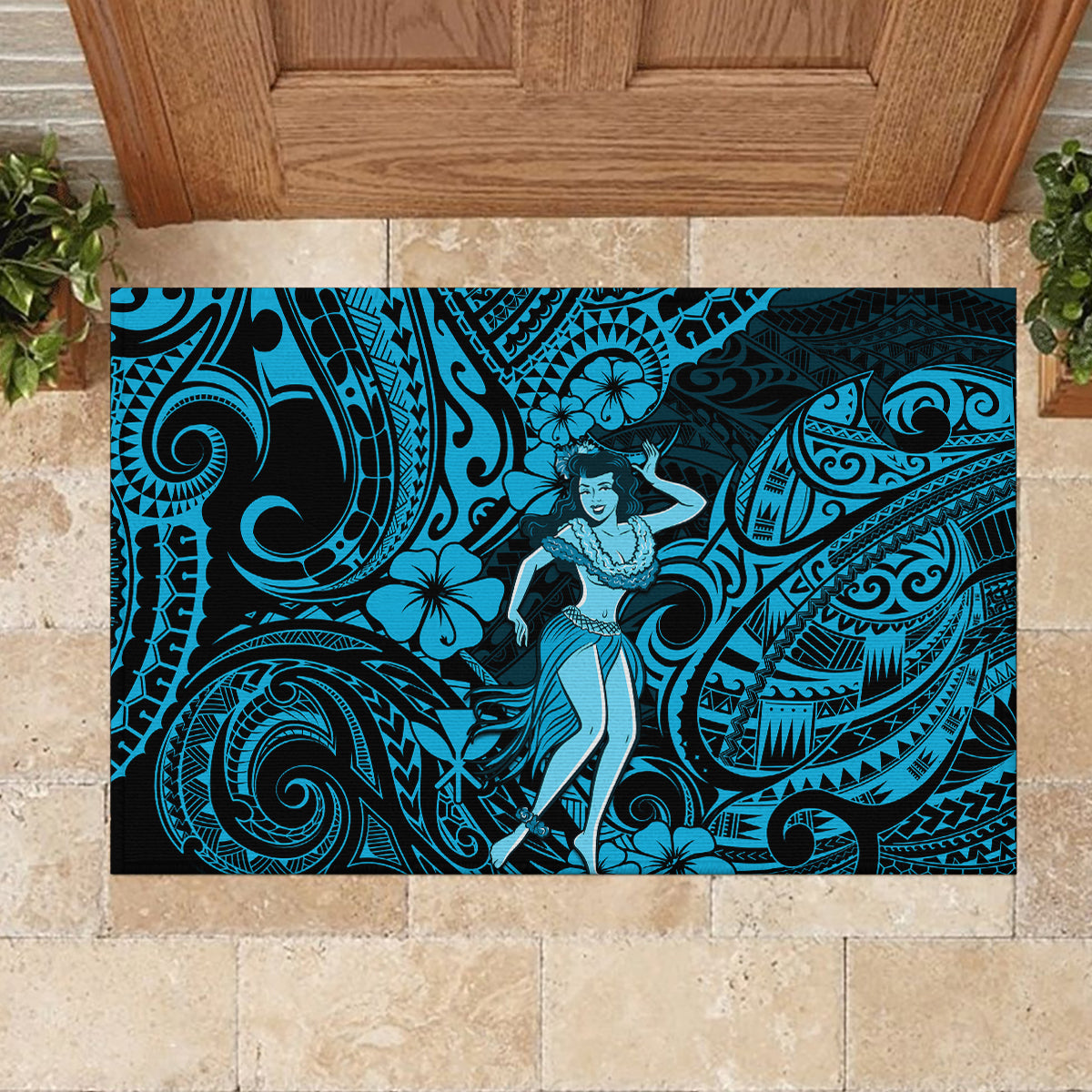 Hawaii Hula Girl Rubber Doormat Hibiscus Hawaii Tribal Tattoo Sky Blue Version - Wonder Print Shop