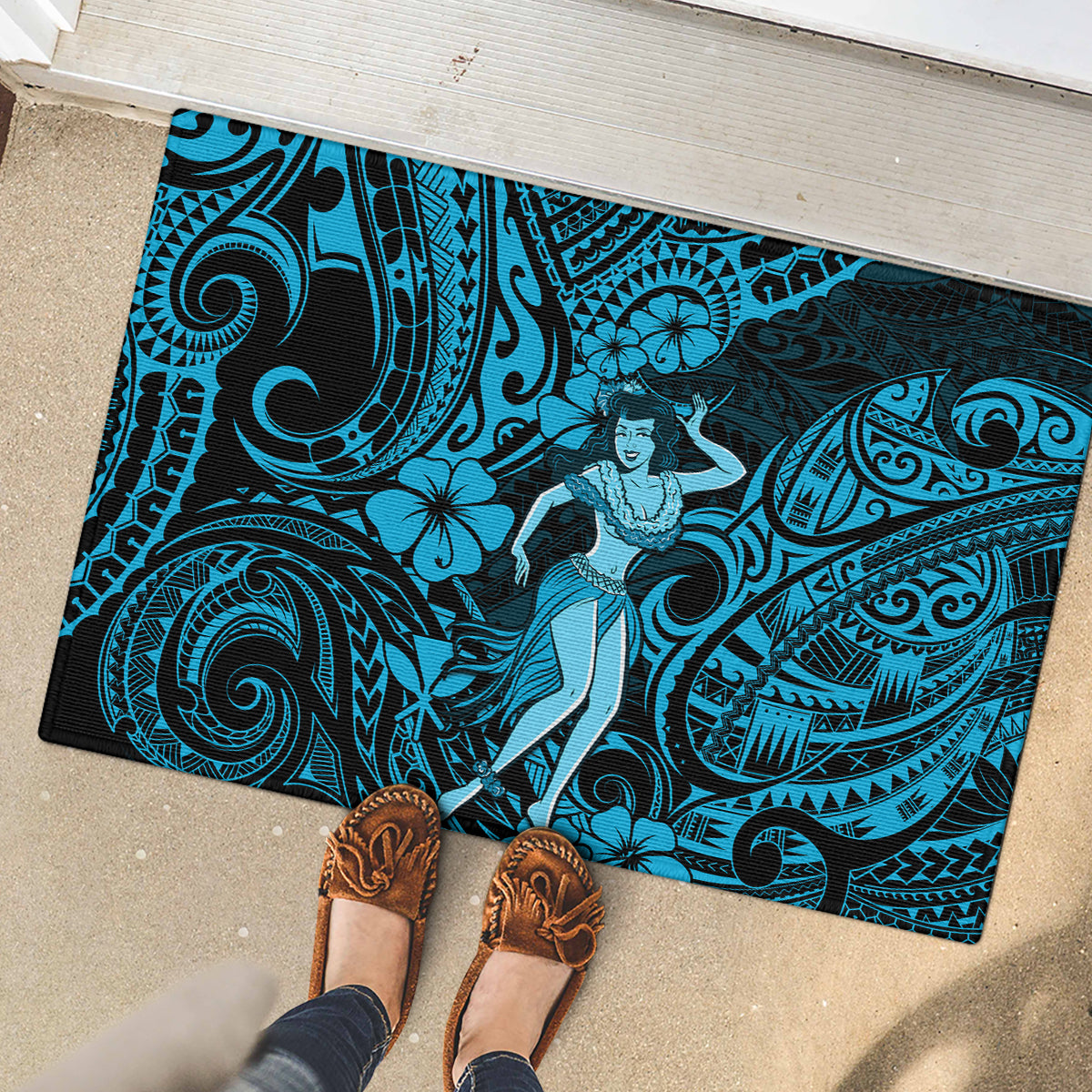 Hawaii Hula Girl Rubber Doormat Hibiscus Hawaii Tribal Tattoo Sky Blue Version - Wonder Print Shop