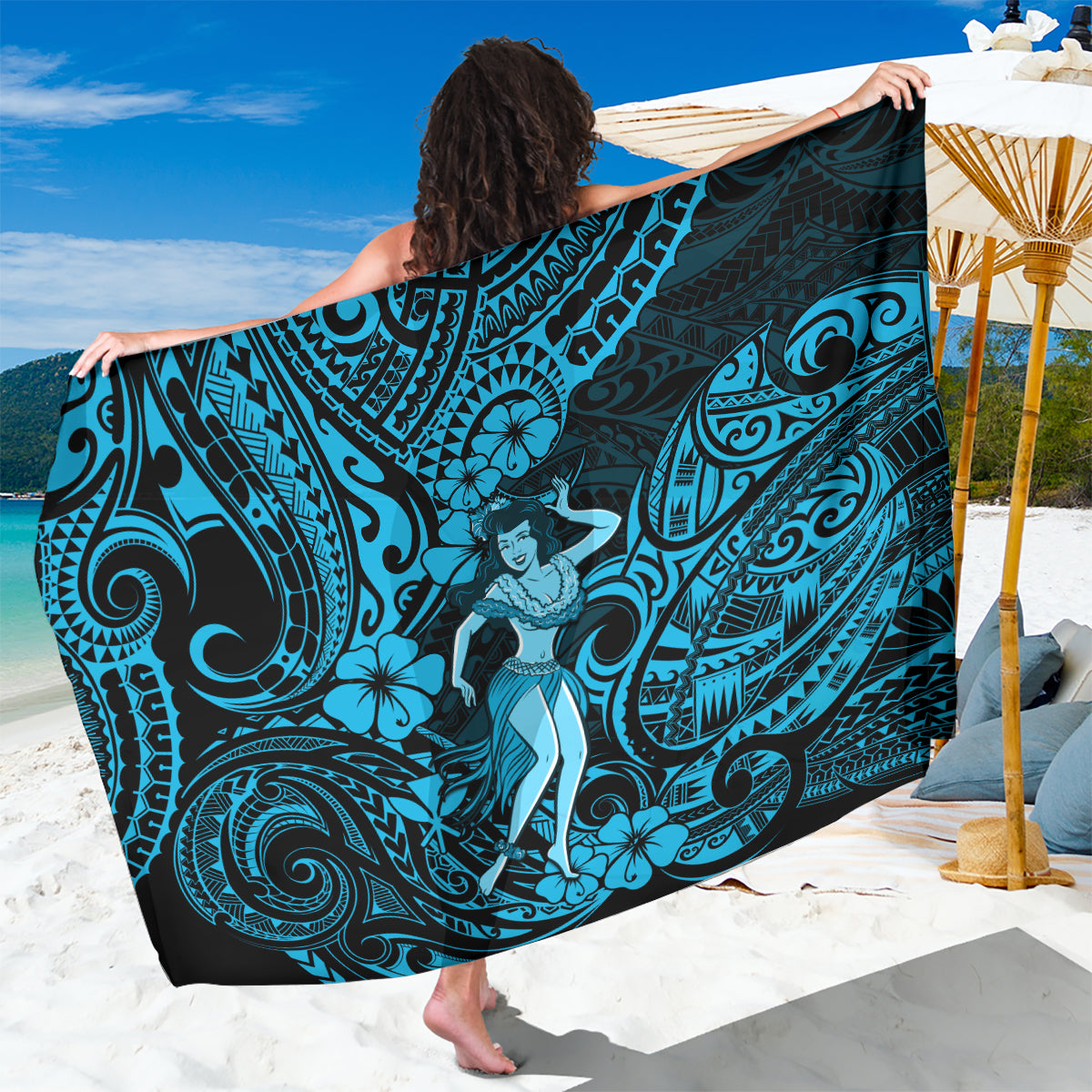 Hawaii Hula Girl Sarong Hibiscus Hawaii Tribal Tattoo Sky Blue Version - Wonder Print Shop