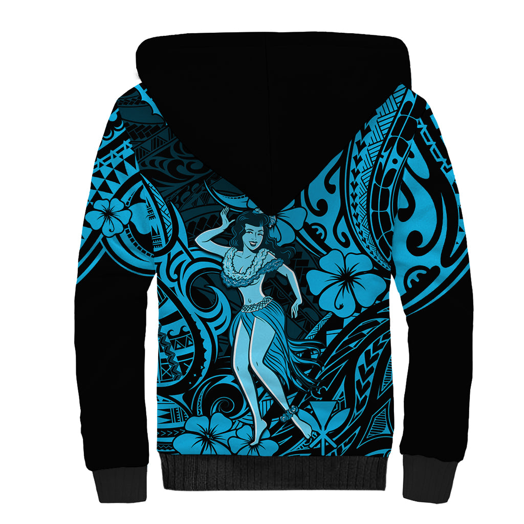 Hawaii Hula Girl Sherpa Hoodie Hibiscus Hawaii Tribal Tattoo Sky Blue Version - Wonder Print Shop