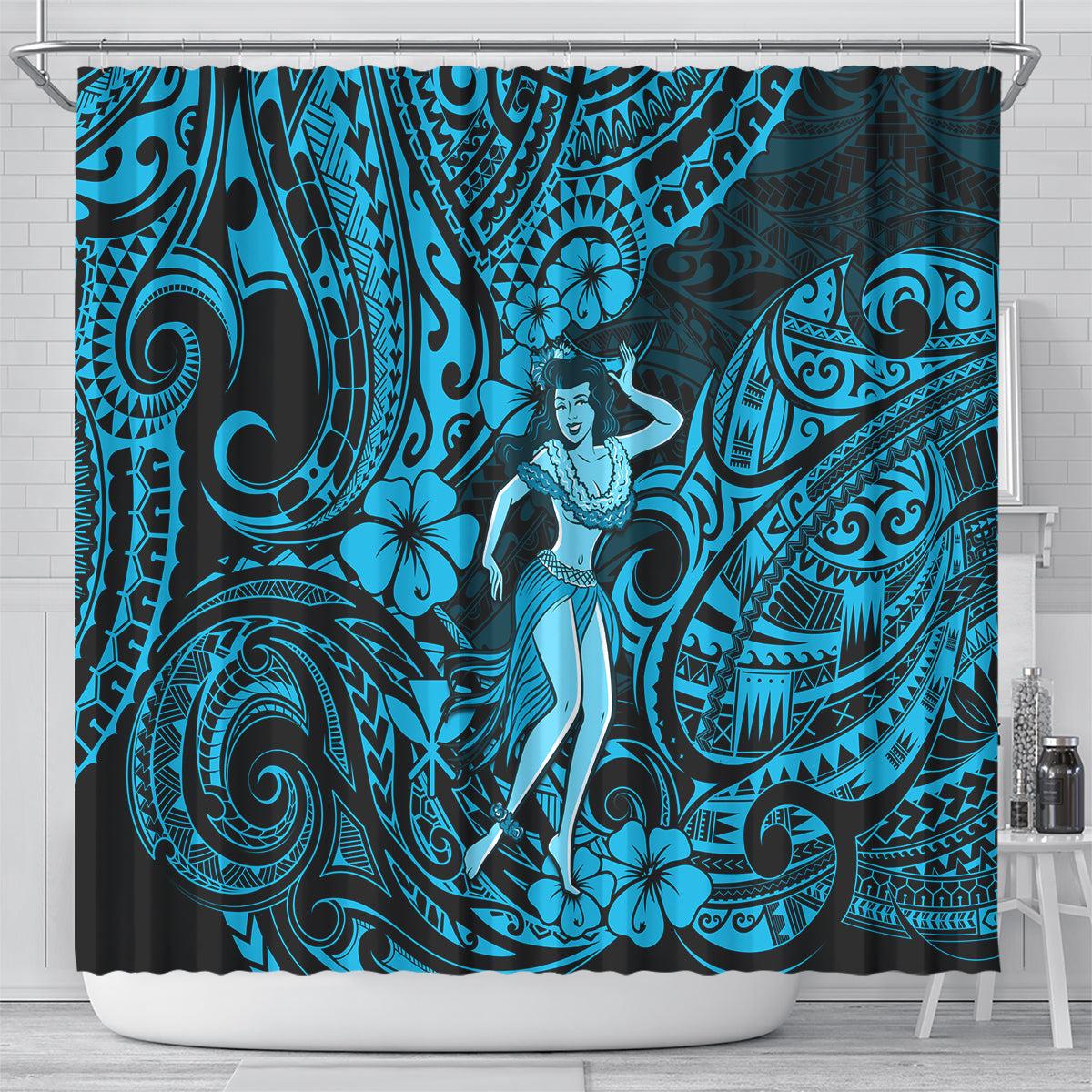 hawaii-hula-girl-shower-curtain-hibiscus-hawaii-tribal-tattoo-sky-blue-version