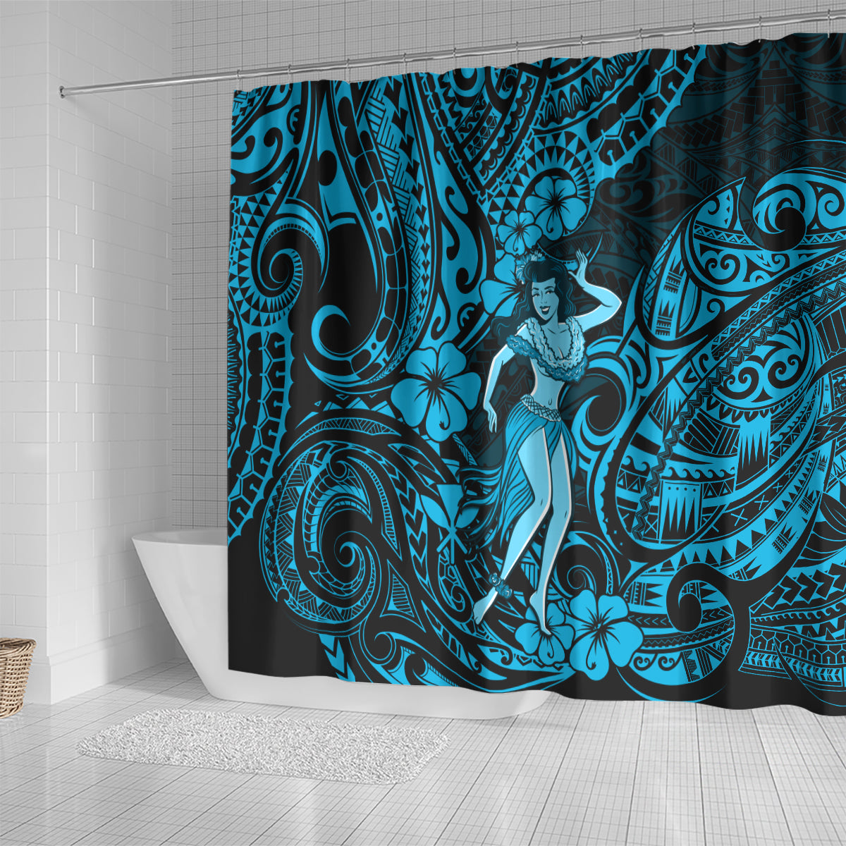 hawaii-hula-girl-shower-curtain-hibiscus-hawaii-tribal-tattoo-sky-blue-version
