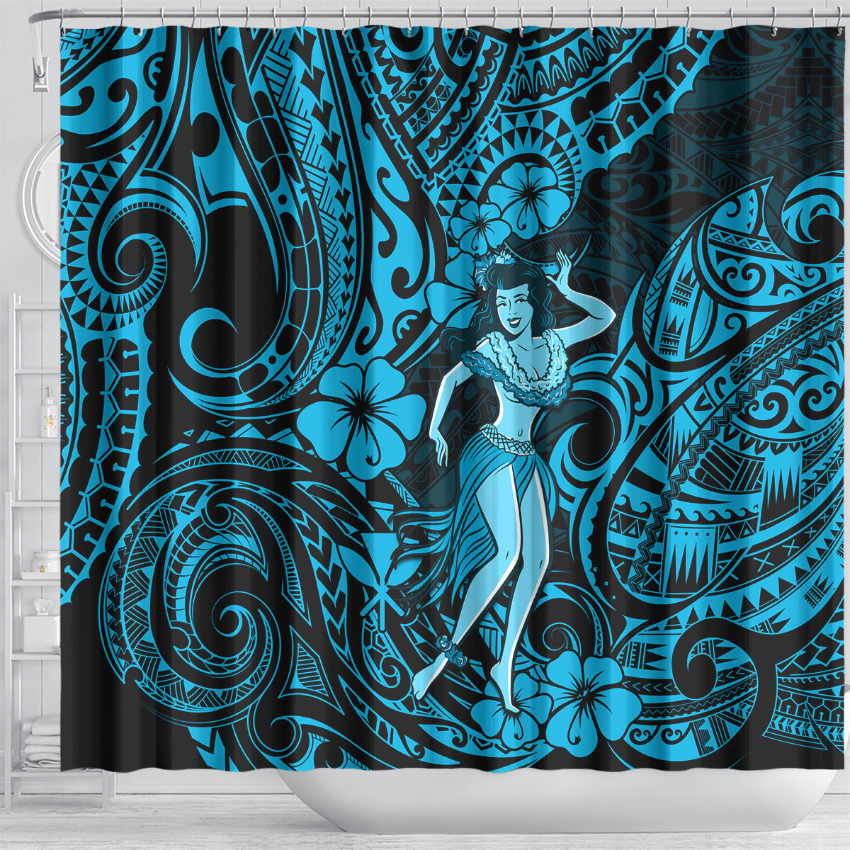 hawaii-hula-girl-shower-curtain-hibiscus-hawaii-tribal-tattoo-sky-blue-version