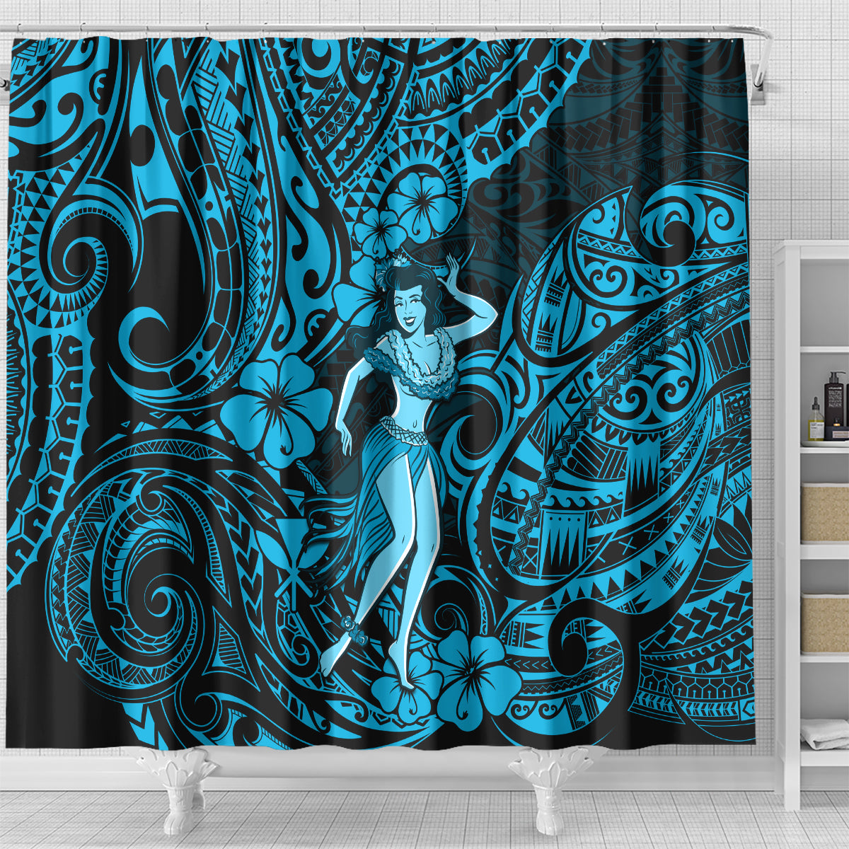 hawaii-hula-girl-shower-curtain-hibiscus-hawaii-tribal-tattoo-sky-blue-version