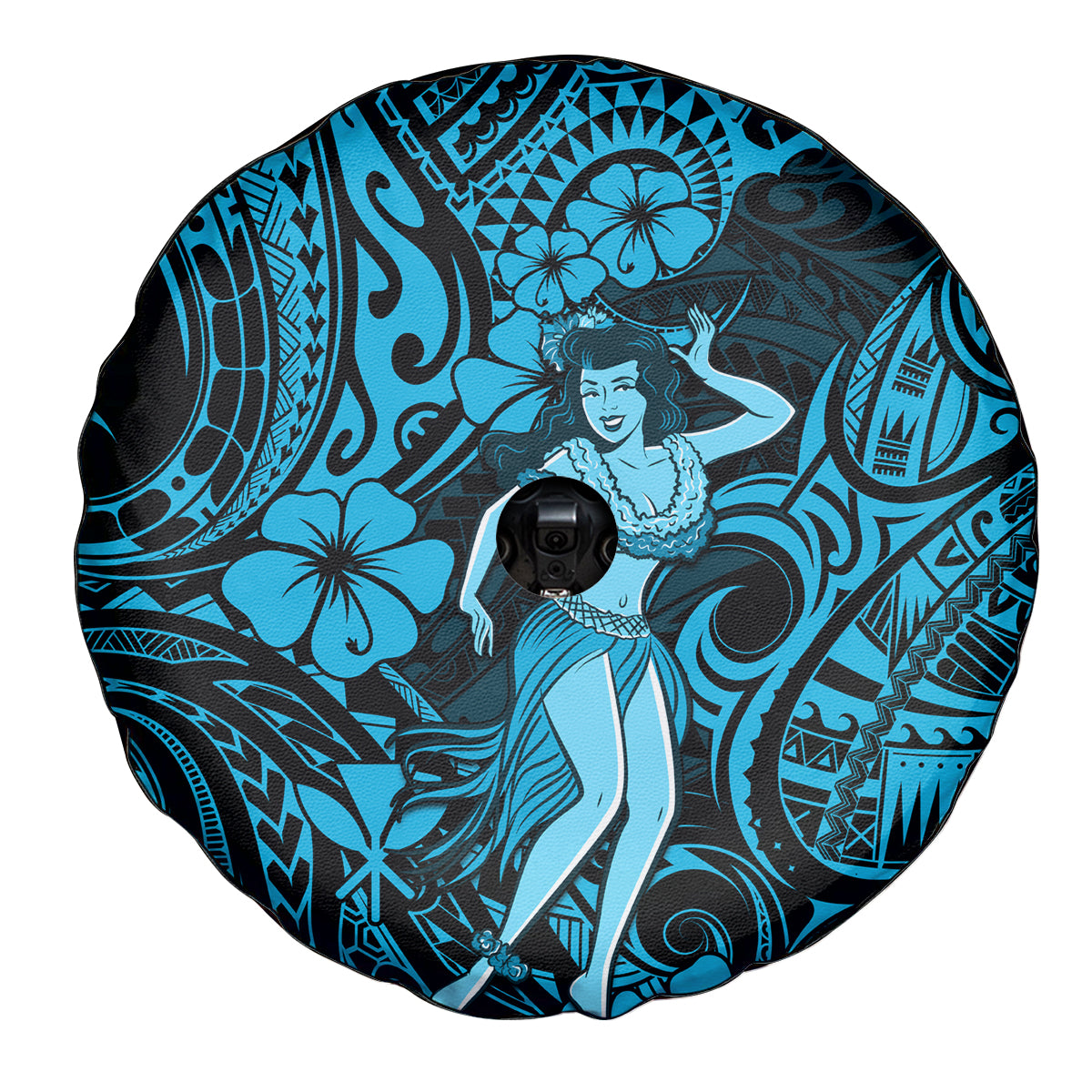 Hawaii Hula Girl Spare Tire Cover Hibiscus Hawaii Tribal Tattoo Sky Blue Version - Wonder Print Shop