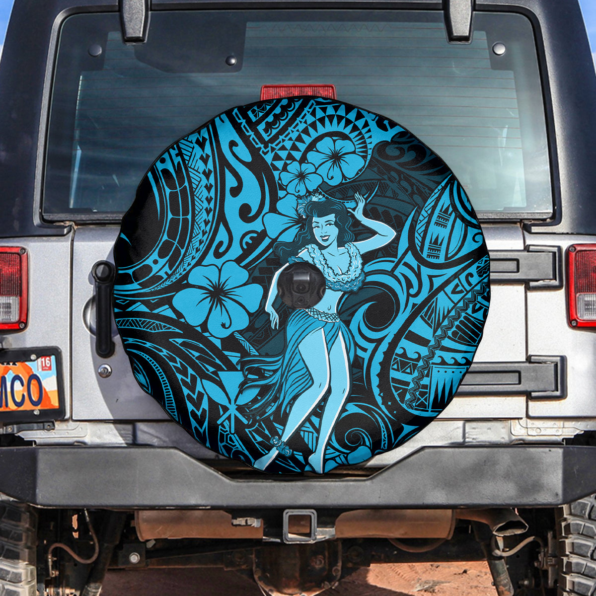 Hawaii Hula Girl Spare Tire Cover Hibiscus Hawaii Tribal Tattoo Sky Blue Version - Wonder Print Shop