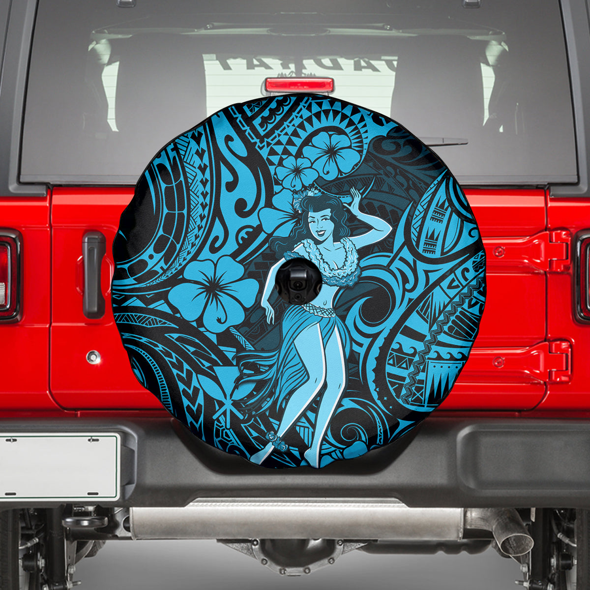 Hawaii Hula Girl Spare Tire Cover Hibiscus Hawaii Tribal Tattoo Sky Blue Version - Wonder Print Shop