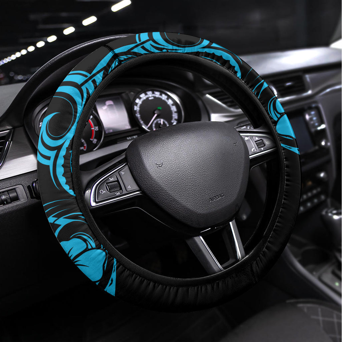 Hawaii Hula Girl Steering Wheel Cover Hibiscus Hawaii Tribal Tattoo Sky Blue Version - Wonder Print Shop