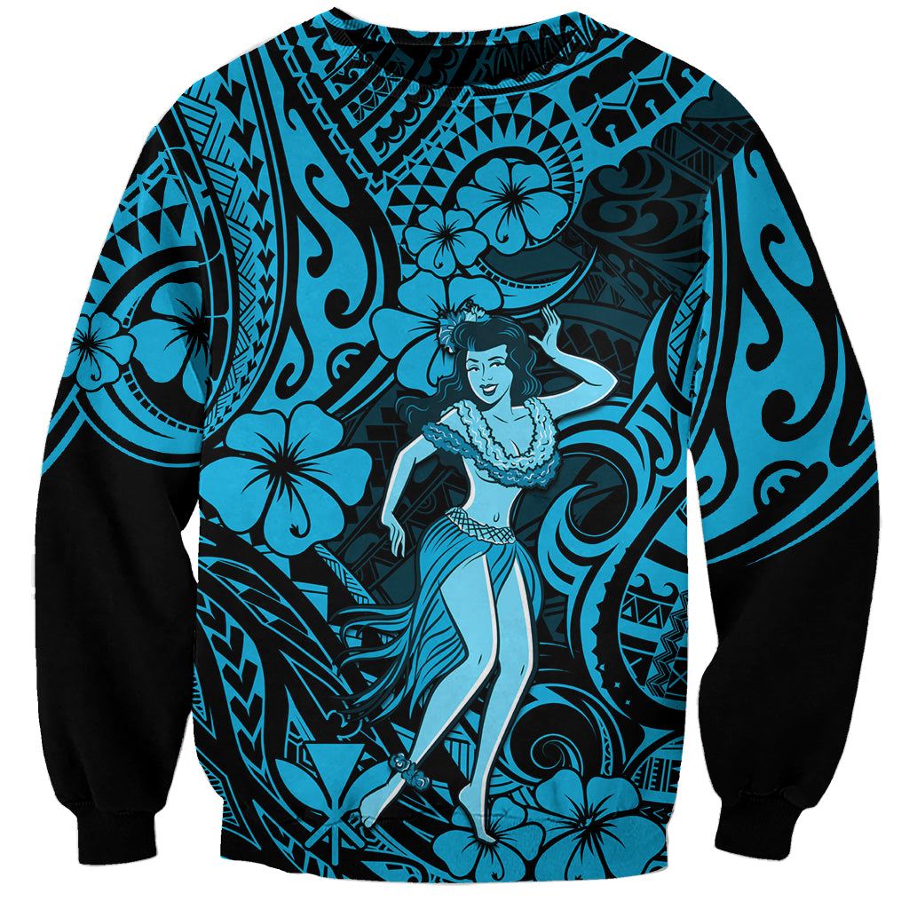 Hawaii Hula Girl Sweatshirt Hibiscus Hawaii Tribal Tattoo Sky Blue Version - Wonder Print Shop