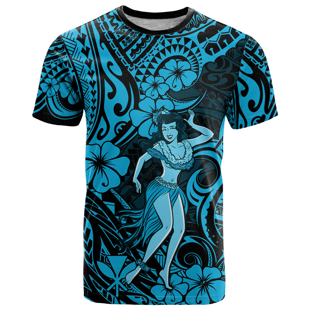 Hawaii Hula Girl T Shirt Hibiscus Hawaii Tribal Tattoo Sky Blue Version - Wonder Print Shop