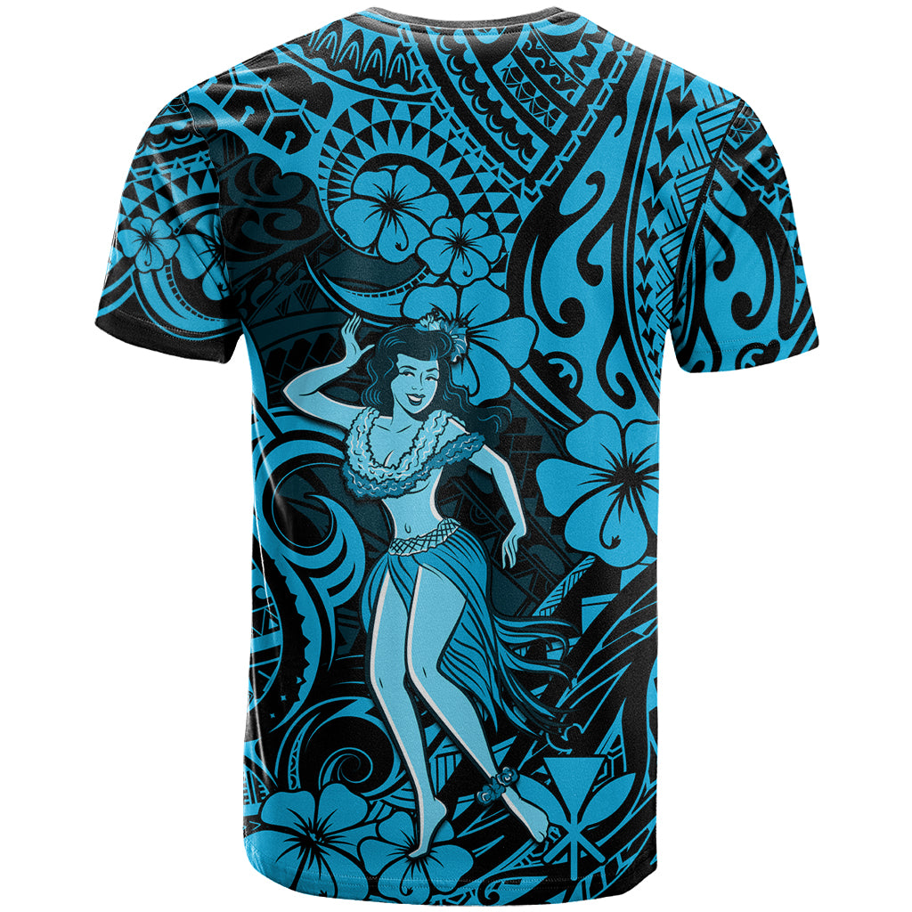 Hawaii Hula Girl T Shirt Hibiscus Hawaii Tribal Tattoo Sky Blue Version - Wonder Print Shop