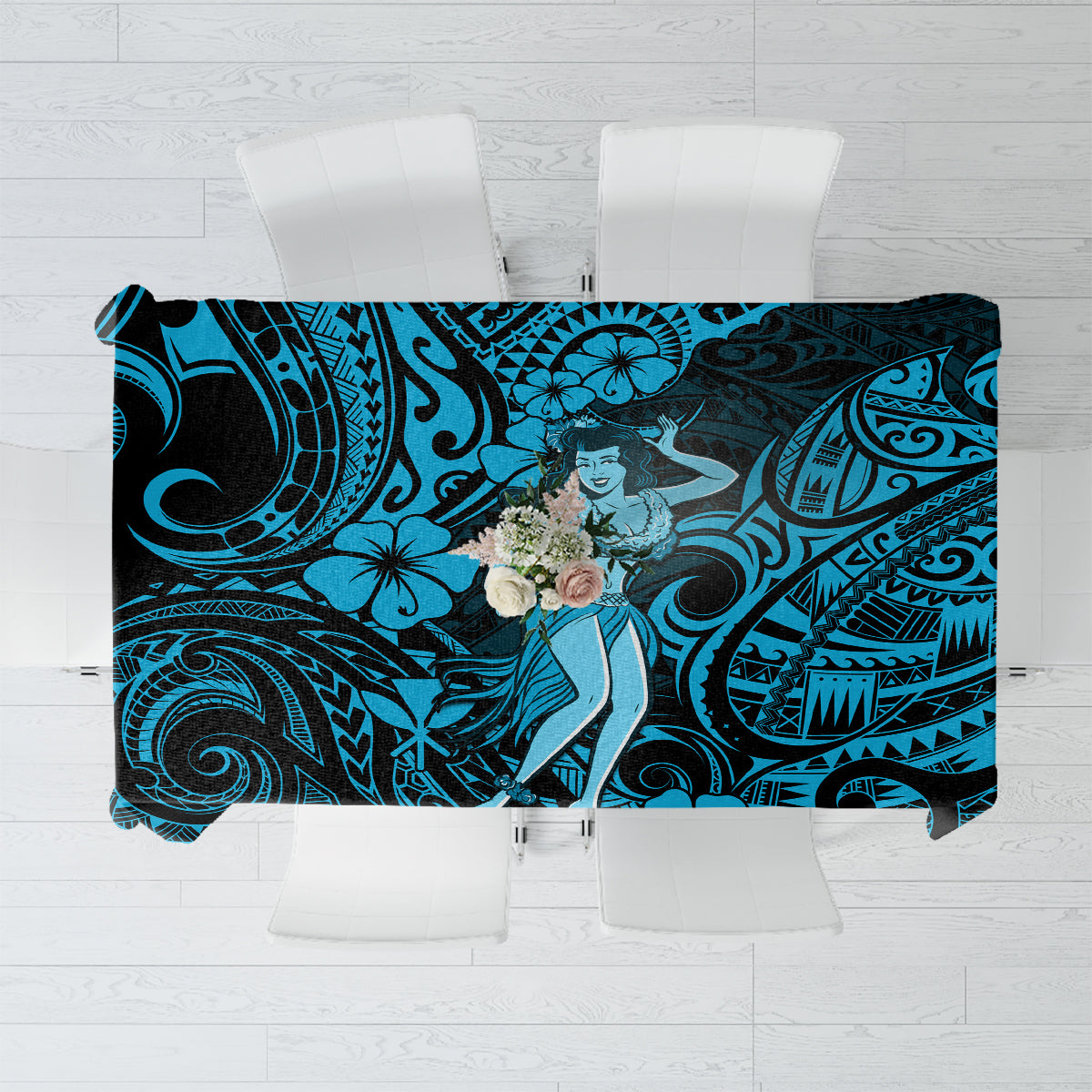 Hawaii Hula Girl Tablecloth Hibiscus Hawaii Tribal Tattoo Sky Blue Version - Wonder Print Shop