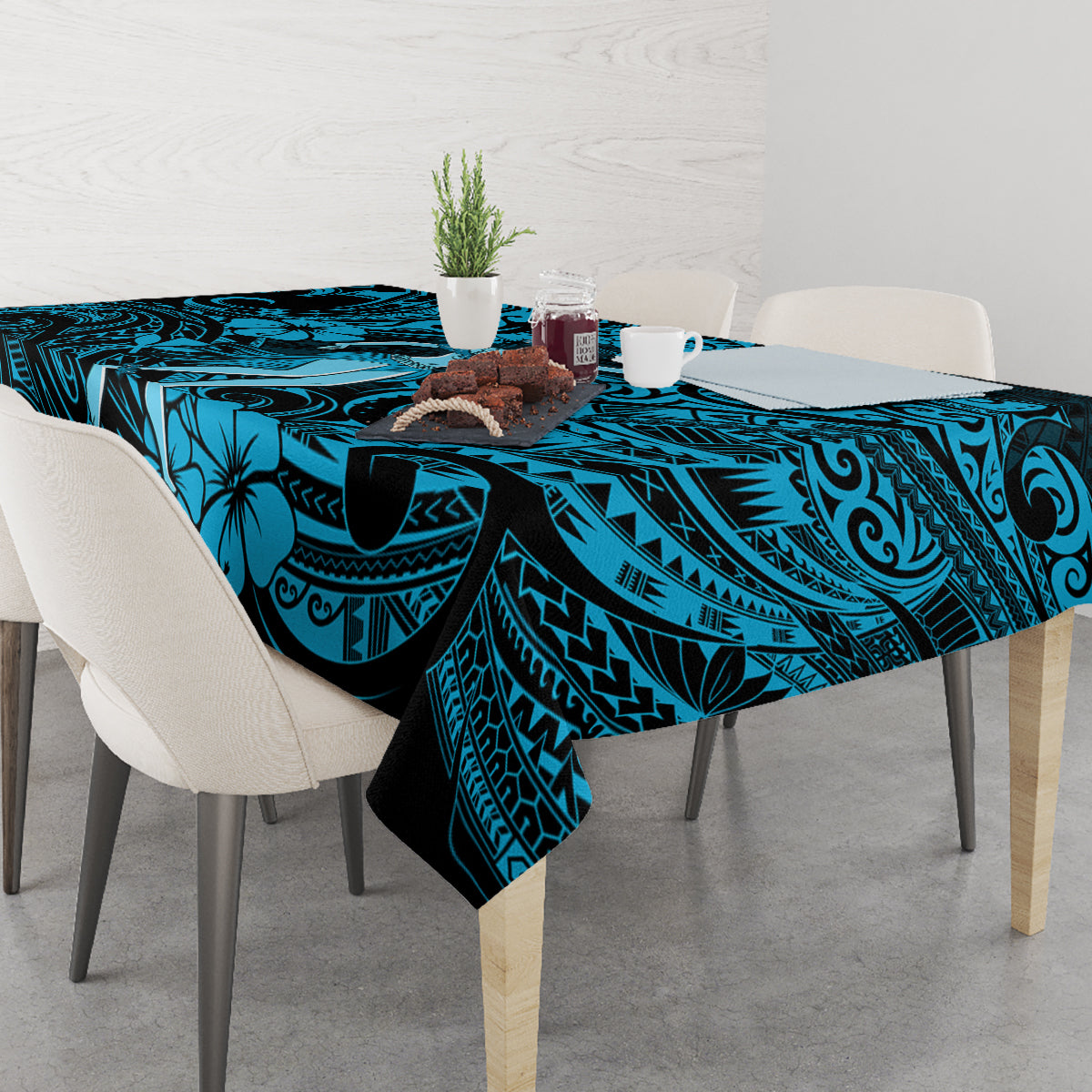 Hawaii Hula Girl Tablecloth Hibiscus Hawaii Tribal Tattoo Sky Blue Version - Wonder Print Shop