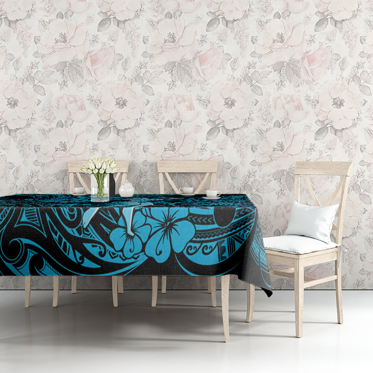 Hawaii Hula Girl Tablecloth Hibiscus Hawaii Tribal Tattoo Sky Blue Version - Wonder Print Shop