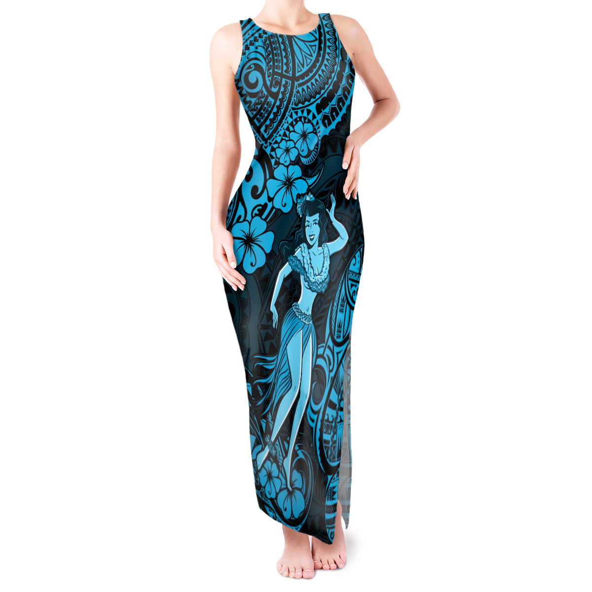 Hawaii Hula Girl Tank Maxi Dress Hibiscus Hawaii Tribal Tattoo Sky Blue Version - Wonder Print Shop
