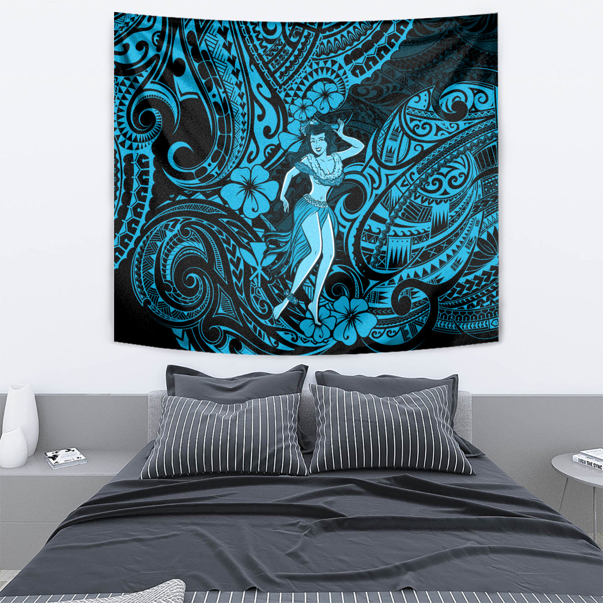 Hawaii Hula Girl Tapestry Hibiscus Hawaii Tribal Tattoo Sky Blue Version - Wonder Print Shop
