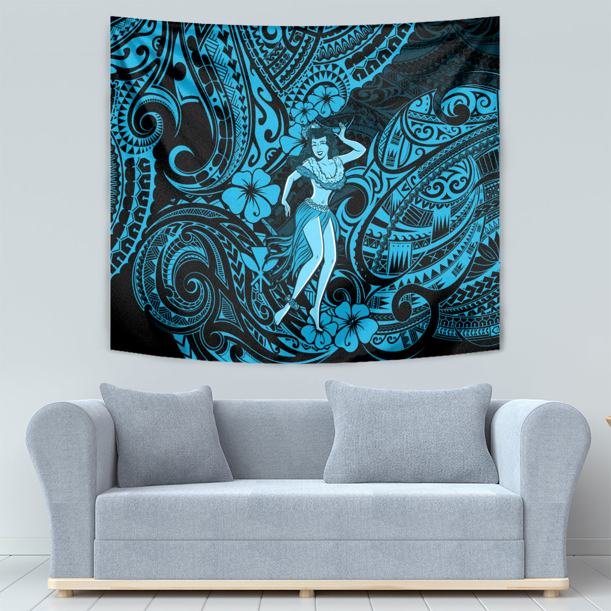 Hawaii Hula Girl Tapestry Hibiscus Hawaii Tribal Tattoo Sky Blue Version - Wonder Print Shop