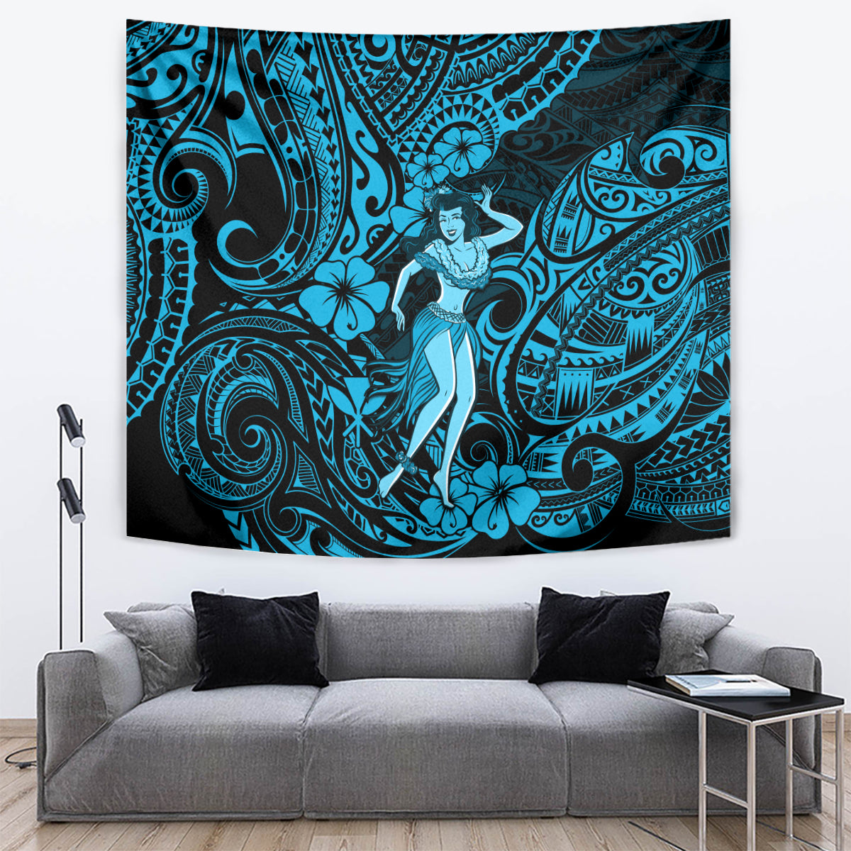 Hawaii Hula Girl Tapestry Hibiscus Hawaii Tribal Tattoo Sky Blue Version - Wonder Print Shop