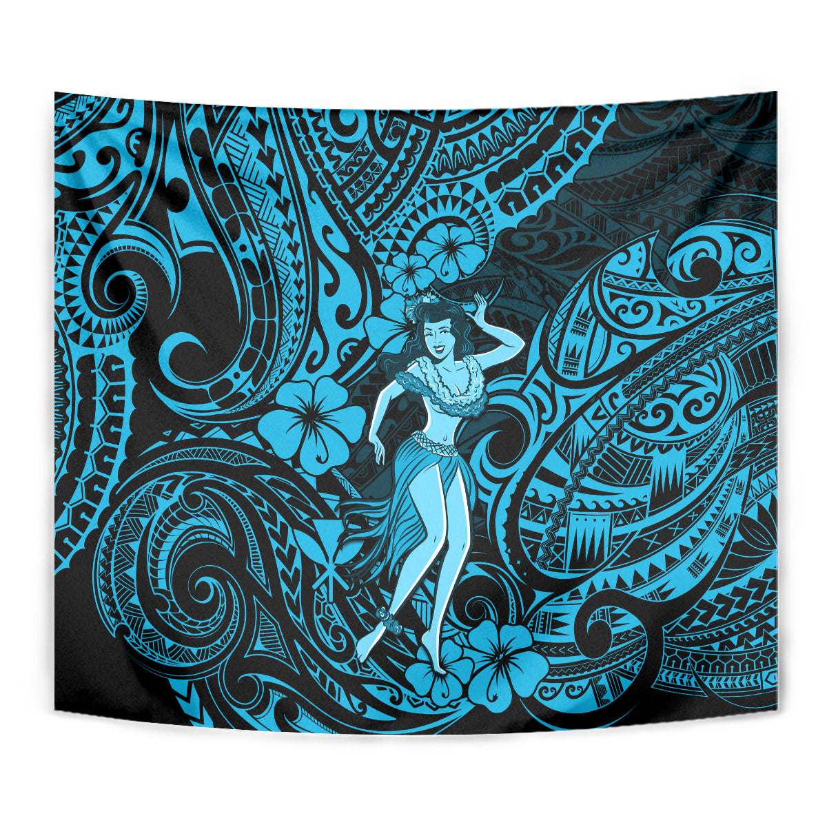 Hawaii Hula Girl Tapestry Hibiscus Hawaii Tribal Tattoo Sky Blue Version - Wonder Print Shop