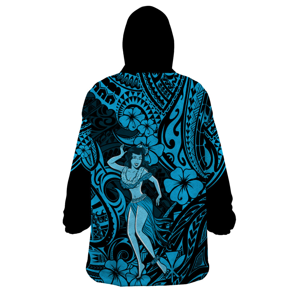 Hawaii Hula Girl Wearable Blanket Hoodie Hibiscus Hawaii Tribal Tattoo Sky Blue Version - Wonder Print Shop